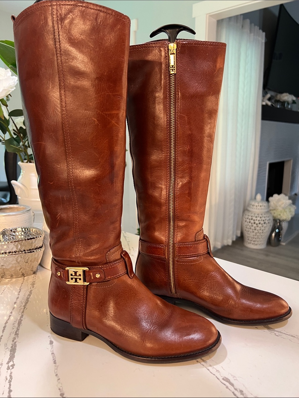 Tory Burch Chestnut Leather Riding Boots with Gold Logo Buckle size 7 - Picture 10 of 16